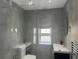 a bathroom with a shower and a toilet and a sink at Luxury 4BR Bungalow in Hackbridge