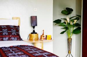 a bedroom with a bed and a vase with a plant at Spa Elpis in Kigali