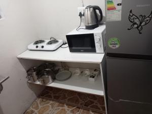 a microwave sitting on a shelf next to a refrigerator at NGEBE Lodge jozini in Jozini +35 photos