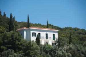a white house on top of a hill with trees at Costa's House in Kiónion