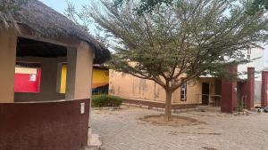 a tree in a courtyard next to a building at SimHan Luxury Hotel & Resort Jengre in Jengre