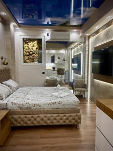 a bedroom with a large bed and a television at Studio-Apartman Bingo in Pančevo