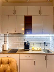 a kitchen with white cabinets and a sink at Studio-Apartman Bingo in Pančevo +11 photos