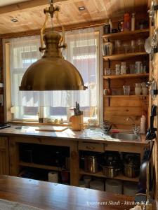 a kitchen with a large copper light hanging from the ceiling at Cottage Scandi Dedinky in Dedinky