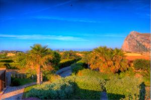 arial view of a garden with palm trees and a mountain at I Giardini di San Vito lo Capo in San Vito lo Capo