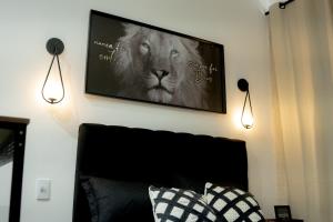 a tv hanging on a wall with a lion on it at Studio confort com ar Centro de Niteroi in Niterói