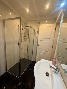 a bathroom with a shower and a white sink at Venice Star Villa in Mestre