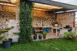 an outdoor patio with plants and a pizza oven at Watzara Wasi Studios en Cotacachi in Cotacachi