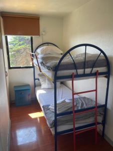 two bunk beds in a room with a window at Apartamento Playa Mar Azul in El Quisco +22 photos