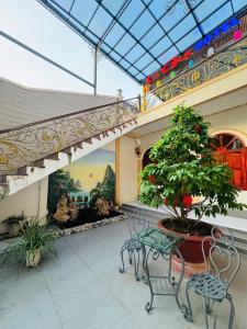 a patio with a bench and a tree in a pot at Lê Gia HOUSE KG in Kiên Lương