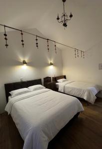 a bedroom with two beds and a chandelier at Antuquita's House in Cusco