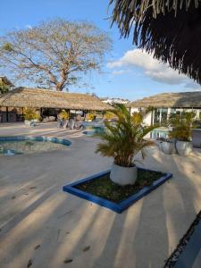 a resort with two palm trees in a courtyard at Beach House in Coronado in Nueva Gorgona