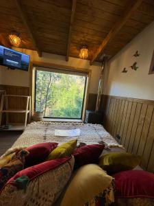 a bedroom with a bed with a large window at Wincarayen Lodge & Cabañas in Panguipulli +53 photos