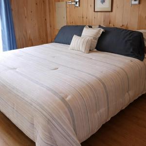 a large bed in a room with wooden walls at Cozy Coastal Hideaway with Harbor Views in Tremont