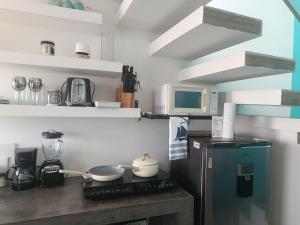 a kitchen with a refrigerator and a microwave at Casa Linda Isla Loft- Ocean View- Shared Pool in Isla Mujeres