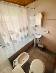a small bathroom with a toilet and a sink at CABAÑA Nuestra Señora de Luján in Perito Moreno