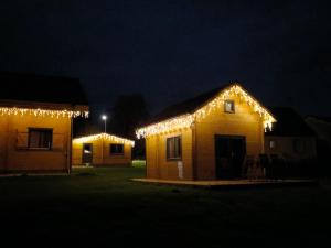 a house with christmas lights on it at night at Charmant petit chalet jurassien in Saint-Lamain
