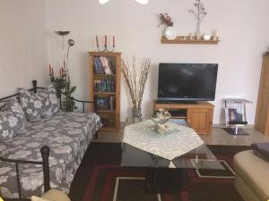 a living room with a couch and a tv at Ferienwohnung Mitko in Radebeul