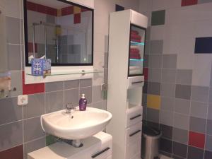 ein Bad mit einem Waschbecken und einem Spiegel in der Unterkunft Ferienwohnung Mitko in Radebeul