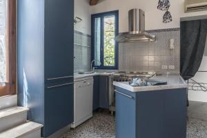a kitchen with blue cabinets and a sink at Three Terraces in Venice