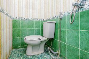 ein grünes Badezimmer mit Toilette und Dusche in der Unterkunft Queen Asri Mitra RedDoorz in Kediri
