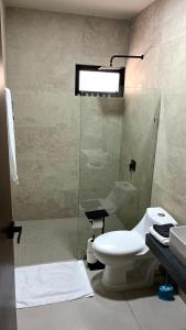 a bathroom with a toilet and a shower and a sink at Habitación Chero Platinum in Comalcalco +15 photos