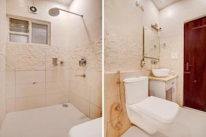 two pictures of a bathroom with a toilet and a shower at Townhouse Oak Dehradun Court Formerly GK Residency in Dehradun