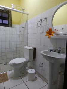 a bathroom with a toilet and a sink and a mirror at Pousada Atlantica Recanto do Mar in Caraguatatuba