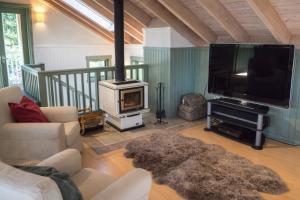 a living room with a television and a stove at Valhalla The Loft (Oceanfront Hot tub) in Salt Spring Island