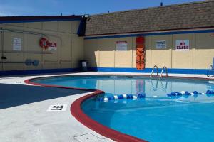 a large swimming pool with blue water in a building at Rodeway Inn Auburn Hills - Detroit in Auburn Hills