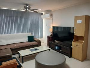 a living room with a couch and a flat screen tv at Park Vill 202 in Pyeongtaek