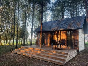 a cabin in the woods with a table and chairs at Pievu namelis in Venta