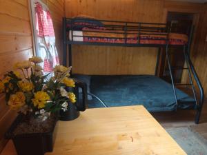 a room with a table and a bunk bed at Gästezimmer Arcoiris in Seifhennersdorf +1 photo