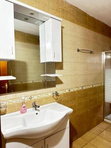 a bathroom with a sink and a mirror at Double Triple Rooms With Lake View balcony in Pogradec