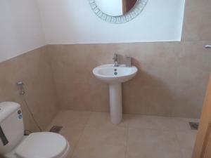 a bathroom with a sink and a toilet and a mirror at Marakunda - Victoria in Jinja