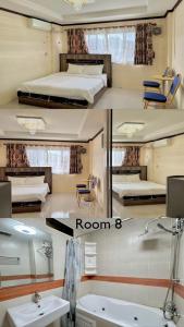 two pictures of a room with a bed and a bathroom at Baan Kalaya Homestay in Nonthaburi