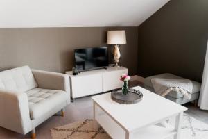 a living room with a couch and a tv at OP ZESTIEN in Hippolytushoef