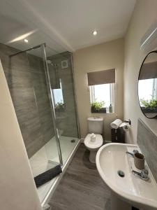 a bathroom with a shower and a toilet and a sink at Charming 3 Bedroom High St Apartment in Much Wenlock +19 photos