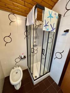 a bathroom with a shower and a toilet at Pragma Apartments - Cupido's Alpine Nest in Bellamonte