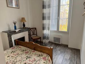 a bedroom with a bed and a fireplace and a window at ancienne ferme maison familiale in Chaucre