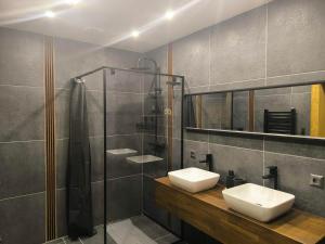 a bathroom with two sinks and a shower at Chalupa na Kopci in Liberec +16 photos