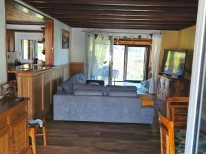 a living room with a couch and a tv at le ti coin papi hugues in La Plaine des Palmistes