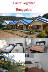 un collage d'images d'une maison aux toits bleus dans l'établissement Lanta Together, à Ko Lanta