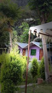 a purple house with a pole in front of it at Hills Queen Resort And Camping in Mohan Chatti