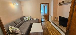 a living room with a couch and a tv at Apartament Vasy in Timişoara