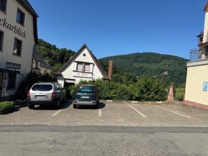 two cars parked in a parking lot in front of a building at Hotel Garni Neckarblick in Neckarsteinach