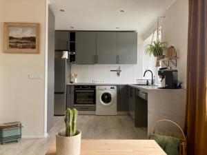 a kitchen with gray cabinets and a washer and dryer at OM East in Aizpute