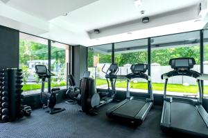 a gym with treadmills and ellipticals in front of a window at Forest Międzyzdroje in Międzyzdroje