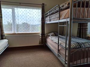 a bunk bed room with two bunk beds and a window at Tom's Alpaca Cottage in Mooncoin +33 photos