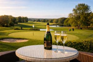 a bottle of champagne and two glasses on a table at Relais Golf et Champagne in Villers-Agron-Aiguizy